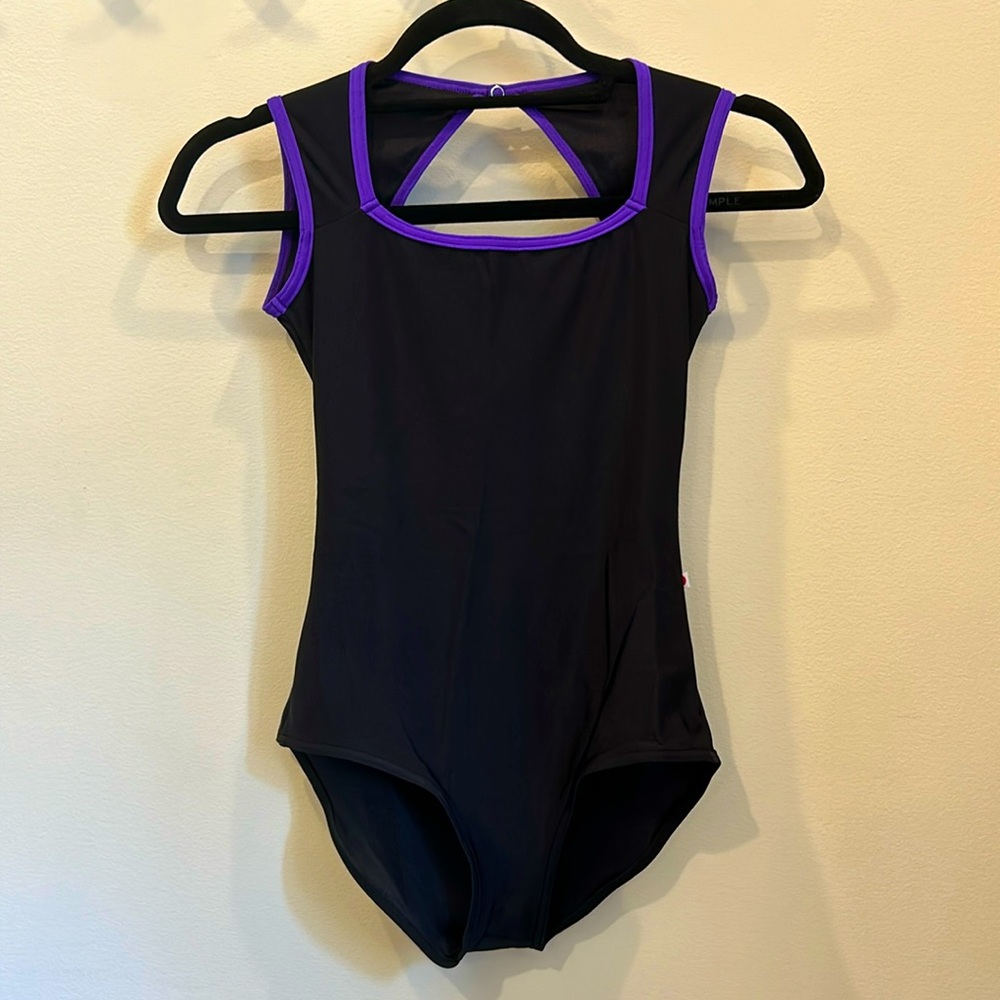 Yumiko Black Leotard with Purple Trim